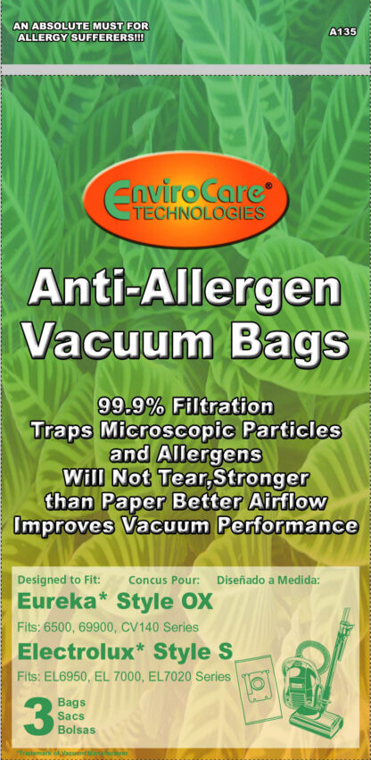 Electrolux Style S and Eureka OX Anti-Allergen 3 Pack Vacuum Bags By EnviroCare