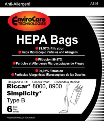 Riccar 8900 Hepa Vacuum Bags 6 Pack by EnviroCare